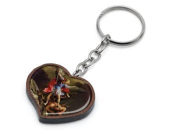 Saint Michael Keychain – Wood & Metal Car Key Ring, Catholic Gift of Protection