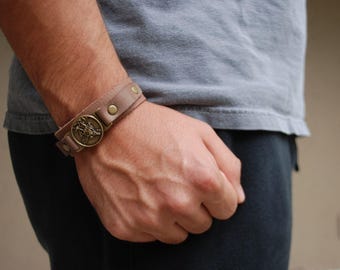 Leather St. Saint Michael Bracelet | Men Catholic handmade | Light Brown Leather | Lent Season