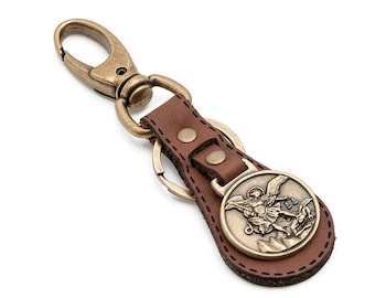 Saint Michael Keychain – Brown Leather & Metal Car Key Ring, Catholic Gift of Protection
