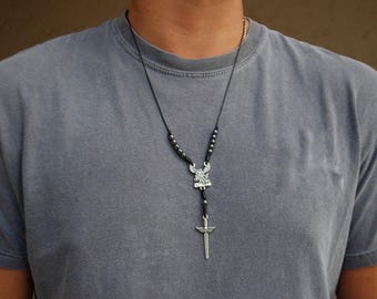 St. Michael Sword Necklace for Protection | Catholic Archangel Pendant Jewelry Hematite
