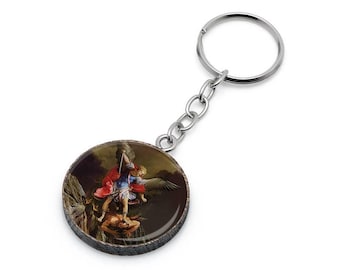Saint Michael Keychain – Wood & Metal Car Key Ring, Catholic Gift of Protection