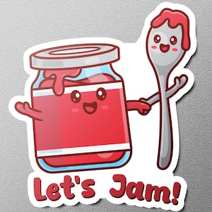 Puede incluir: Una ilustración de dibujos animados de un tarro rojo de mermelada con una cara sonriente y una cuchara roja con una cara sonriente. El texto "Let's Jam!" está debajo de los personajes de dibujos animados.