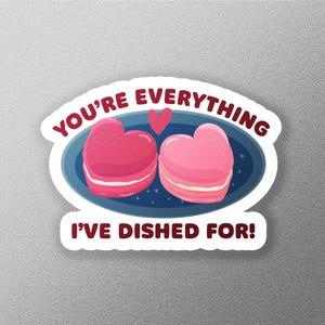 Könnte beinhalten: Ein Aufkleber mit zwei herzförmigen Makronen in Rosatönen, mit weißer Füllung, auf einem blauen Teller. Der Text "YOU'RE EVERYTHING" und "I'VE DISHED FOR!" ist rot geschrieben.