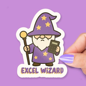 May include: A sticker featuring a cartoon wizard in a purple robe and hat with yellow stars, holding a calculator and a staff. The text "EXCEL WIZARD" is below the wizard.