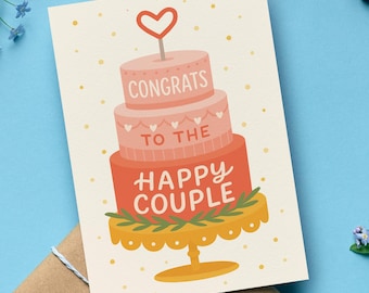Cartão de parabéns ao casal feliz, ilustração fofa de bolo de casamento, saudação engraçada ou romântica, 5x7 com envelope kraft e capa protetora