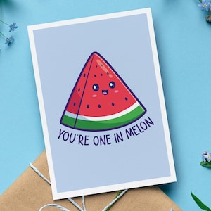 Tarjeta de San Valentín y aniversario con sobre "Eres uno en un melón", lindo regalo para parejas con juego de palabras de sandía, divertida tarjeta de amor, regalo romántico