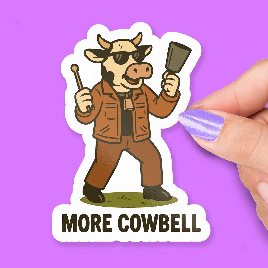 More Cowbell Sticker, Funny Cow Playing Cowbell Vinyl Sticker, Music ...