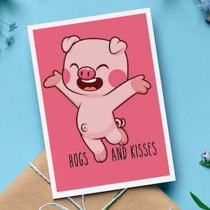 Tarjeta de San Valentín y aniversario con sobre de Hogs and Kisses, lindo regalo para parejas con juego de palabras de cerdos, divertida tarjeta de amor, regalo romántico, abrazos y besos