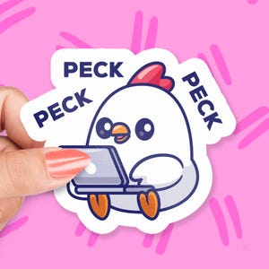 May include: A white cartoon chicken wearing glasses is using a laptop computer. The sticker has the word "PECK" written three times around the chicken.