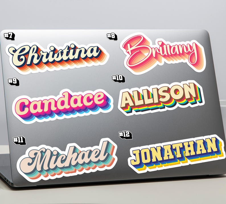 May include: A selection of name stickers in a retro style, featuring names such as "Christina," "Brittany," "Candace," "Allison," "Michael," and "Jonathan." Each sticker has a layered, colourful design with a shadow effect, ideal for personalising laptops.