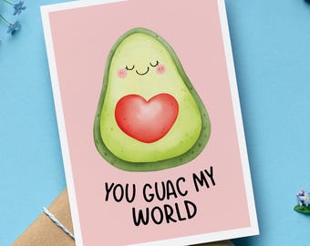 You Guac My World, biglietto di auguri divertente con avocado, biglietto di San Valentino, regalo carino per coppie, gioco di parole di San Valentino, gioco di parole sul cibo, biglietto di anniversario con busta
