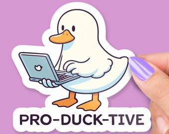 Pegatina de Pro-Duct-Ive, pato gracioso en la laptop, juego de palabras sobre productividad, pegatina para botella de agua, pegatina para laptop, regalo para amantes de los patos
