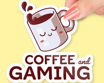 Coffee and Gaming Sticker, Cute Coffee Cup Sticker, Gamer Gift, Gaming Humor, Coffee and Gaming Sticker, Funny Gamer Sticker