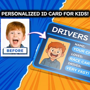Tessera identificativa personalizzata per bambini con nome e foto di un cartone animato, tessera portafoglio plastificata personalizzata, regalo divertente per bambini che amano le auto e le corse