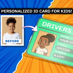 Carte d'identité personnalisée pour enfants avec nom et photo de dessin animé, carte portefeuille plastifiée personnalisée, cadeau amusant pour les garçons et les filles qui aiment le football