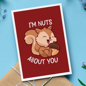 Tarjeta de San Valentín y aniversario con sobre "I'm Nuts for You", adorable ardilla sosteniendo una nuez, regalo para parejas, divertida tarjeta de amor, regalo romántico