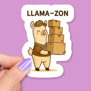May include: A sticker featuring a cartoon llama wearing a brown cap and uniform, carrying a stack of four brown cardboard boxes. The sticker has the text "LLAMA-ZON" in brown letters on a white background.