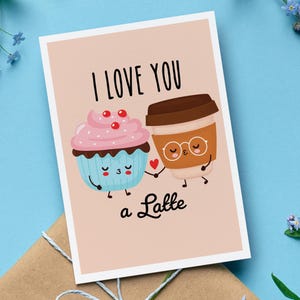 Tarjeta de San Valentín y aniversario con sobre "Te amo un café con leche", lindo regalo para parejas con juego de palabras entre café con leche y cupcakes, divertida tarjeta de amor, regalo romántico