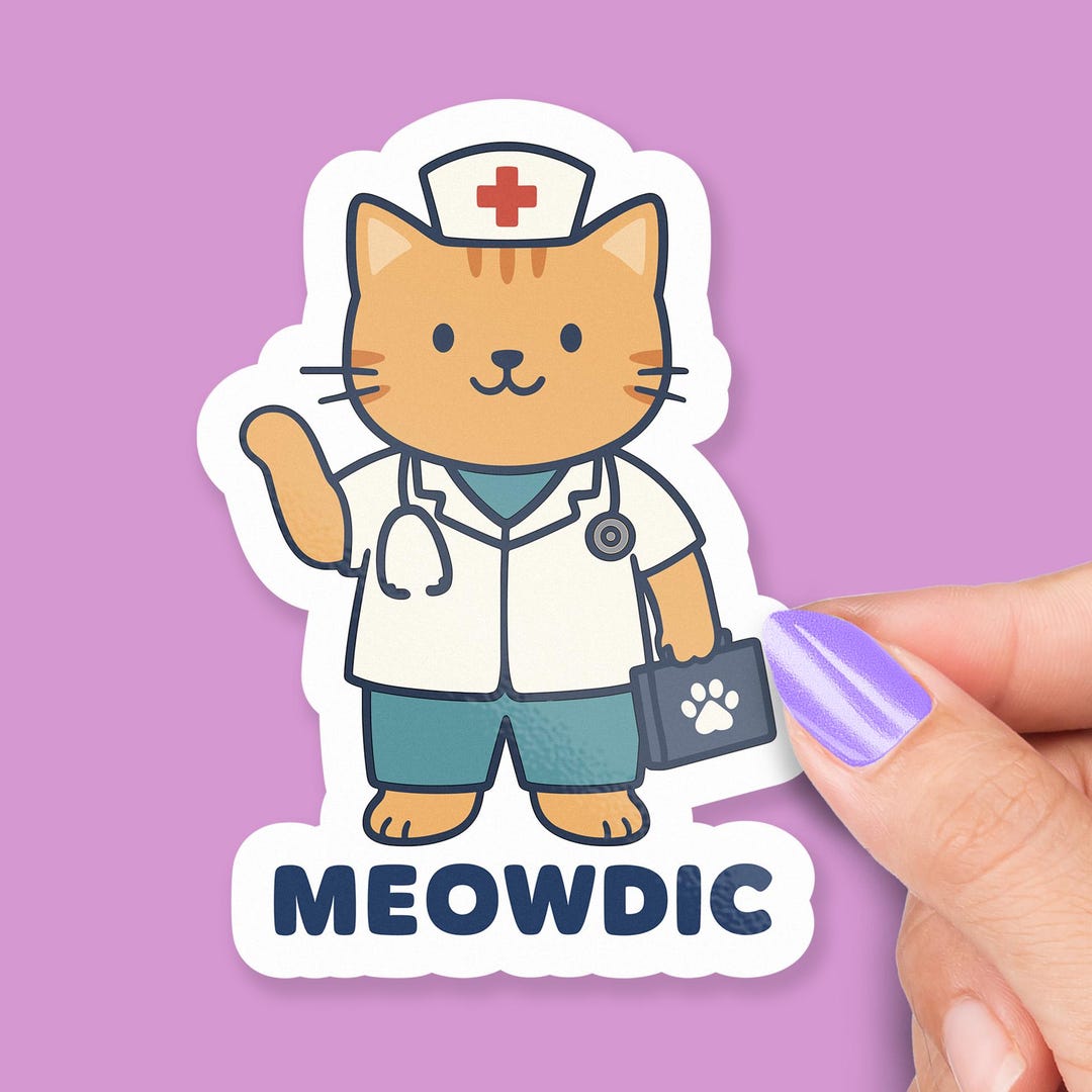 Meowdic Cat Medic Sticker, Funny Medical Cat Pun, Laptop Sticker, Water ...