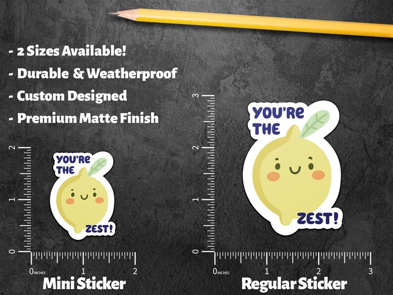 May include: Two lemon-themed stickers with the text "You're the Zest!" in white text on a yellow lemon with a smiling face. The smaller sticker is labeled "Mini Sticker" and measures 2 inches in diameter. The larger sticker is labeled "Regular Sticker" and measures 3 inches in diameter.