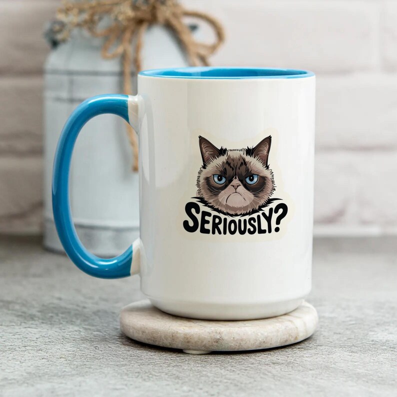 May include: White ceramic mug with a blue interior and handle. The mug features a grumpy cat graphic with the text "SERIOUSLY?" in black. The mug is sitting on a round, beige coaster.