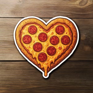 May include: A heart-shaped pizza sticker with pepperoni toppings. The pizza has a golden crust and melted cheese, with red pepperoni slices. The sticker is outlined in white, and the background is a wooden surface.