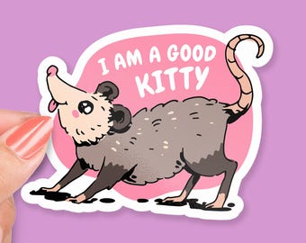 Puede incluir: Una pegatina con un dibujo de una zarigüeya con nariz y lengua rosas, pelaje gris y el texto "I AM A GOOD KITTY" en blanco sobre una burbuja rosa. La pegatina está sobre un fondo morado.