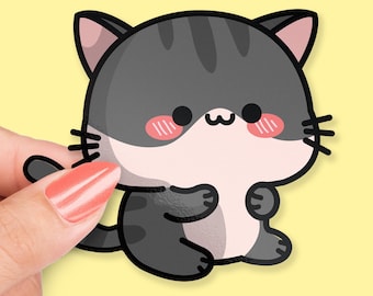 Kawaii Gray Cat Sitting Sticker, Cute Cat Sticker, Adorable Cat Decor, Cat Lover Gift, Kawaii Cat Design