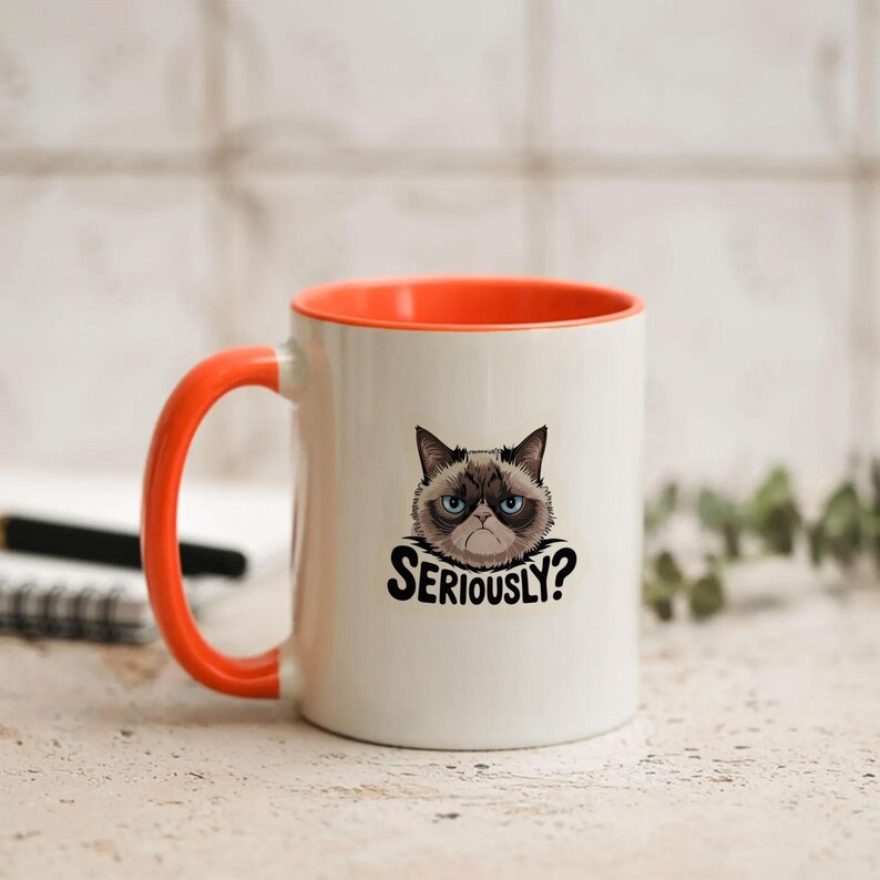 May include: White ceramic mug with an orange interior and handle. The mug features a graphic of a grumpy cat with the text "SERIOUSLY?" in black. The mug is on a light-colored surface.
