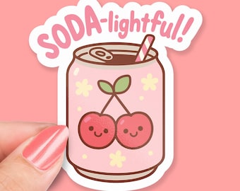 Soda-lightful Sticker, So Delightful Soda Can with Cherries, Cute Pink Straw Drink Sticker, Adorable Animal Pun, Laptop & Water Bottle Decor