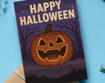 Happy Halloween Card, Cute Pumpkin Illustration, Funny or Sweet Spooky Season Greeting, 5x7 Card with Kraft Envelope & Protective Sleeve