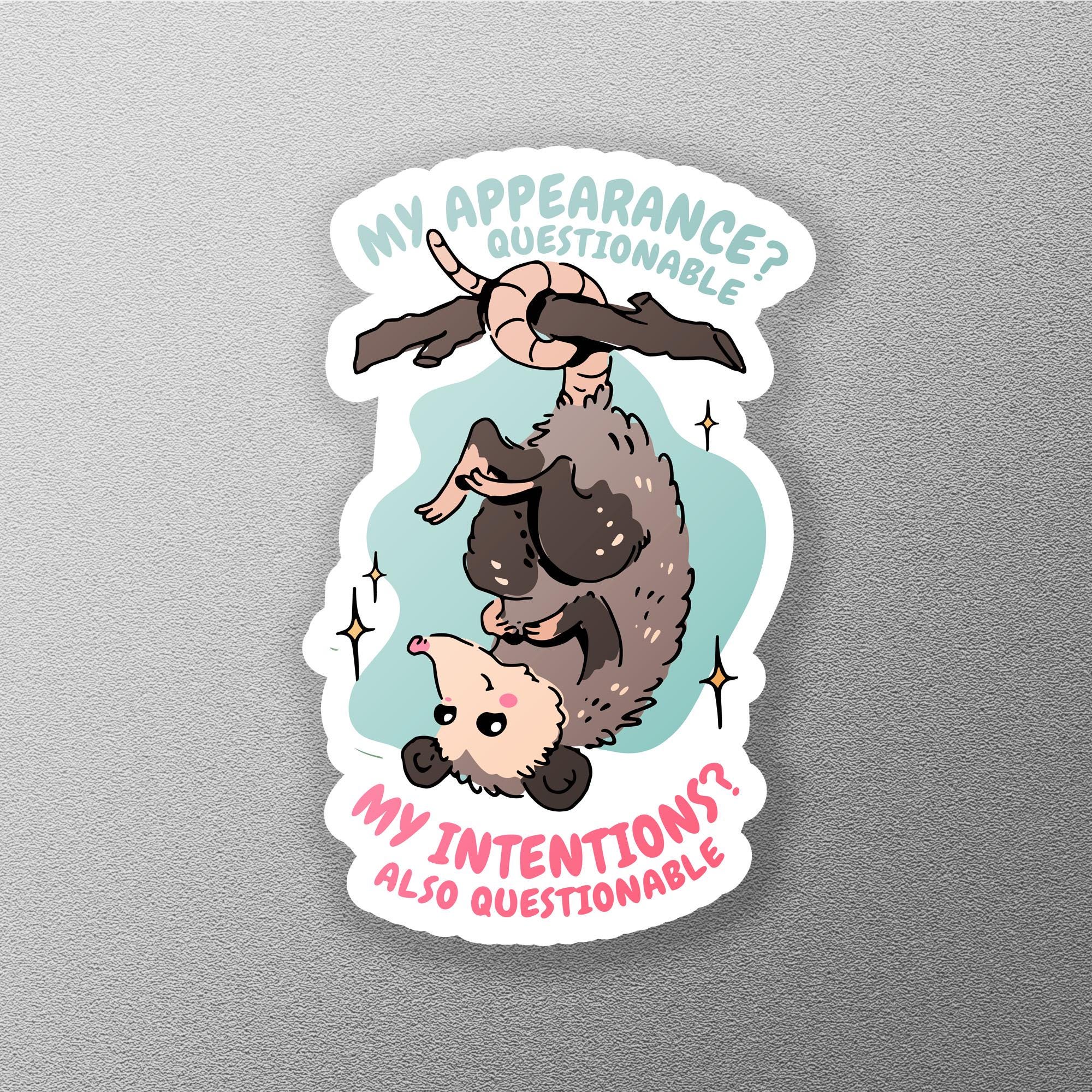 Questionable Gift Questionable Intentions Possum Sticker, Funny Possum Hanging From Tree ...