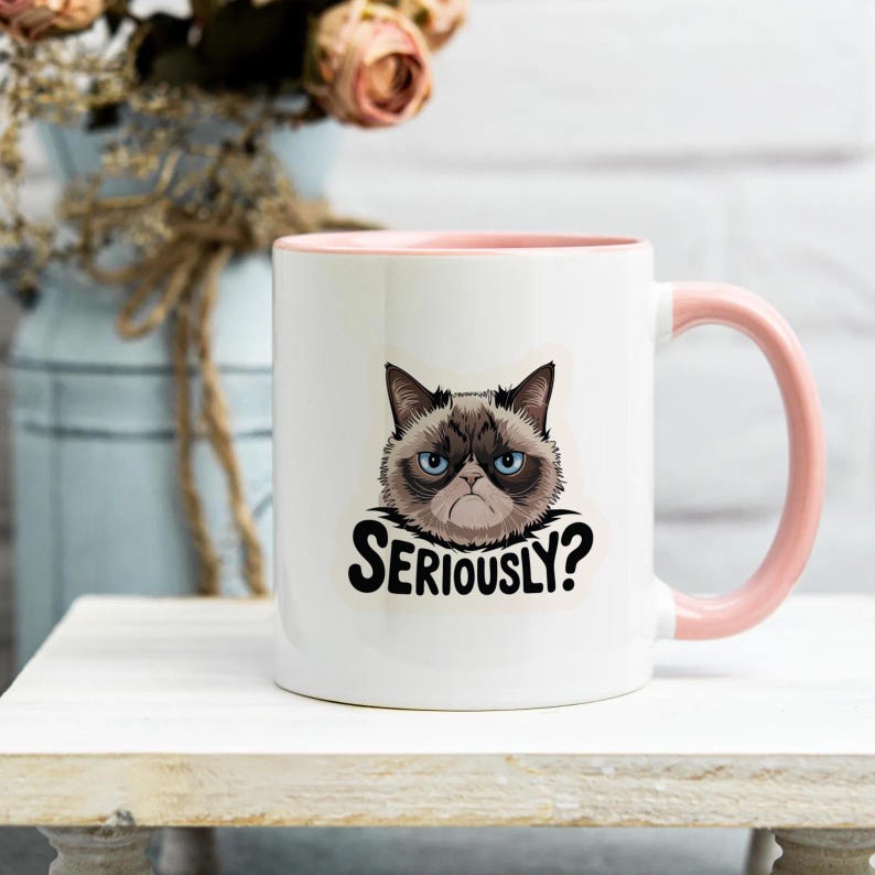 May include: White ceramic mug with a pink interior and handle. The mug features a graphic of a grumpy cat with blue eyes and the word "SERIOUSLY?" in black text. The mug is sitting on a white surface.