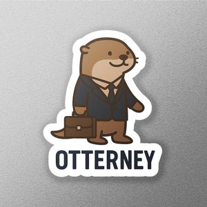 K&ouml;nnte beinhalten: Ein Aufkleber mit einem Cartoon-Otter in einem dunkelblauen Anzug, der eine Aktentasche h&auml;lt. Der Otter ist braun mit wei&szlig;er Umrandung. Das Wort "OTTERNEY" ist darunter in Dunkelblau gedruckt.