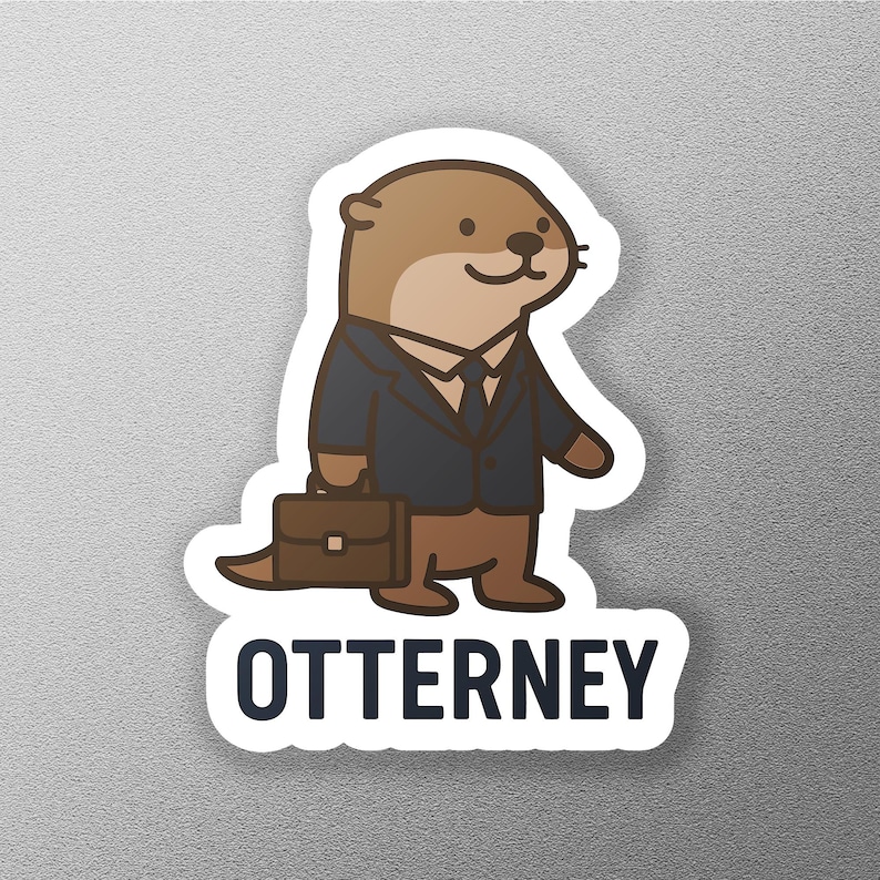 K&ouml;nnte beinhalten: Ein Aufkleber mit einem Cartoon-Otter in einem dunkelblauen Anzug, der eine Aktentasche h&auml;lt. Der Otter ist braun mit wei&szlig;er Umrandung. Das Wort "OTTERNEY" ist darunter in Dunkelblau gedruckt.