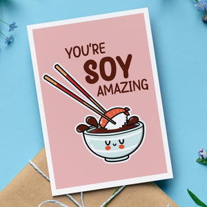 Tarjeta de San Valentín y aniversario con sobre, con frase "You're Soy Amazing", bonito regalo para parejas con salsa de soja y sushi, divertida tarjeta de amor, regalo romántico