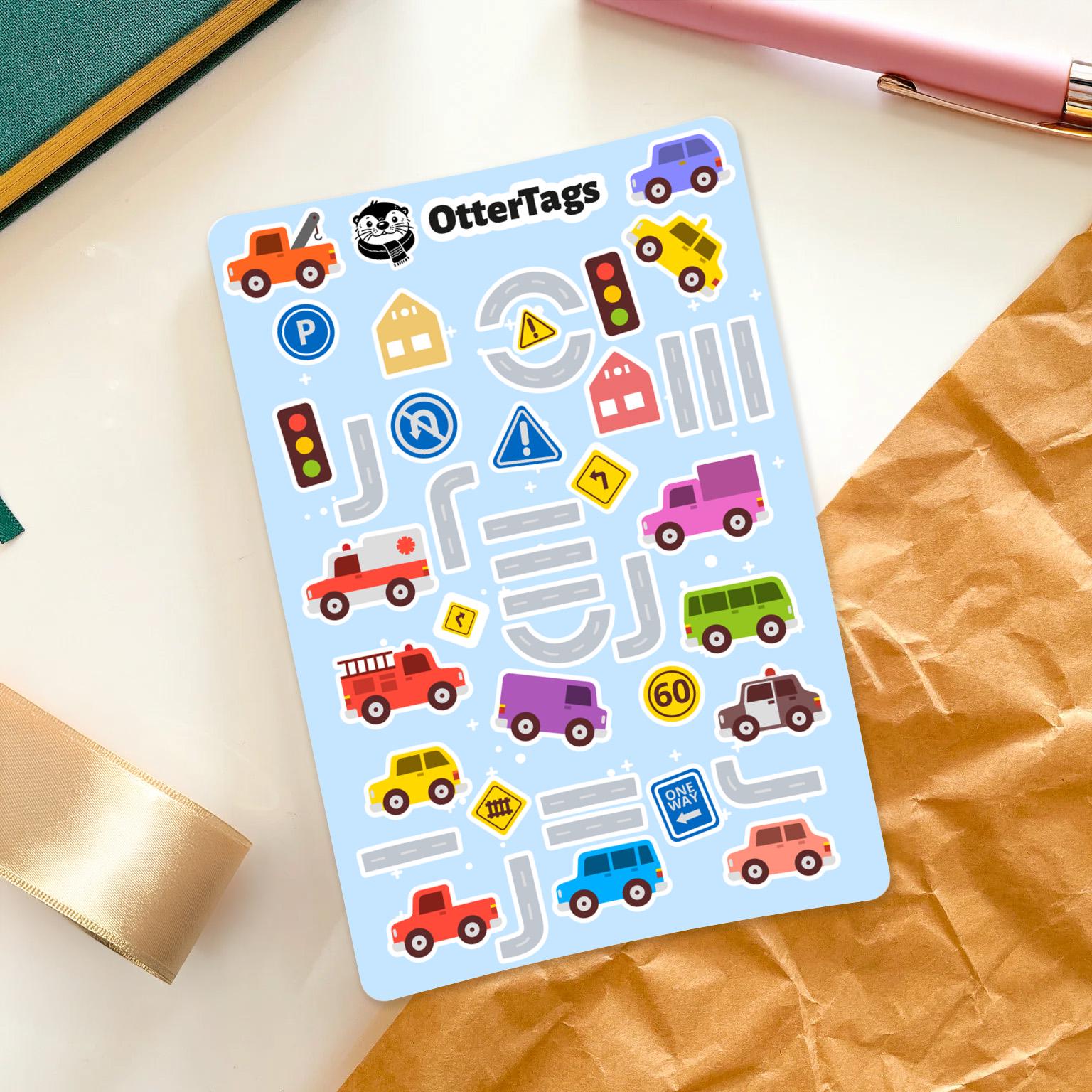 Fun Car and Road Sticker Sheet, Cute Vehicle Stickers, Roads & Signs ...