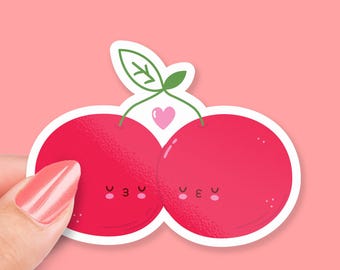 Pegatina de dos cerezas adorables, regalo para amantes de la fruta, diseño de fruta adorable, decoración divertida de cerezas, pegatina divertida