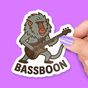Sticker basse babouin, drôle de bassboon musique animale jeu de mots vinyle autocollant, sticker pour ordinateur portable cadeau pour musiciens, bassistes et amateurs de jeux de mots