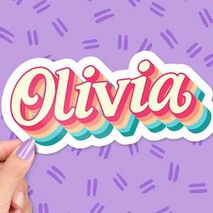 Custom Pastel Name Sticker – Groovy Retro 70s Style Label, Personalized Vinyl Name Decal for Laptop, Water Bottle, School, Kids Gift