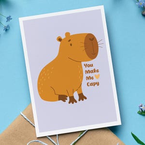 Tarjeta de San Valentín y aniversario con sobre de You Make Me Capy, lindo regalo para parejas con juego de palabras con animales de capibara, divertida tarjeta de amor, regalo romántico