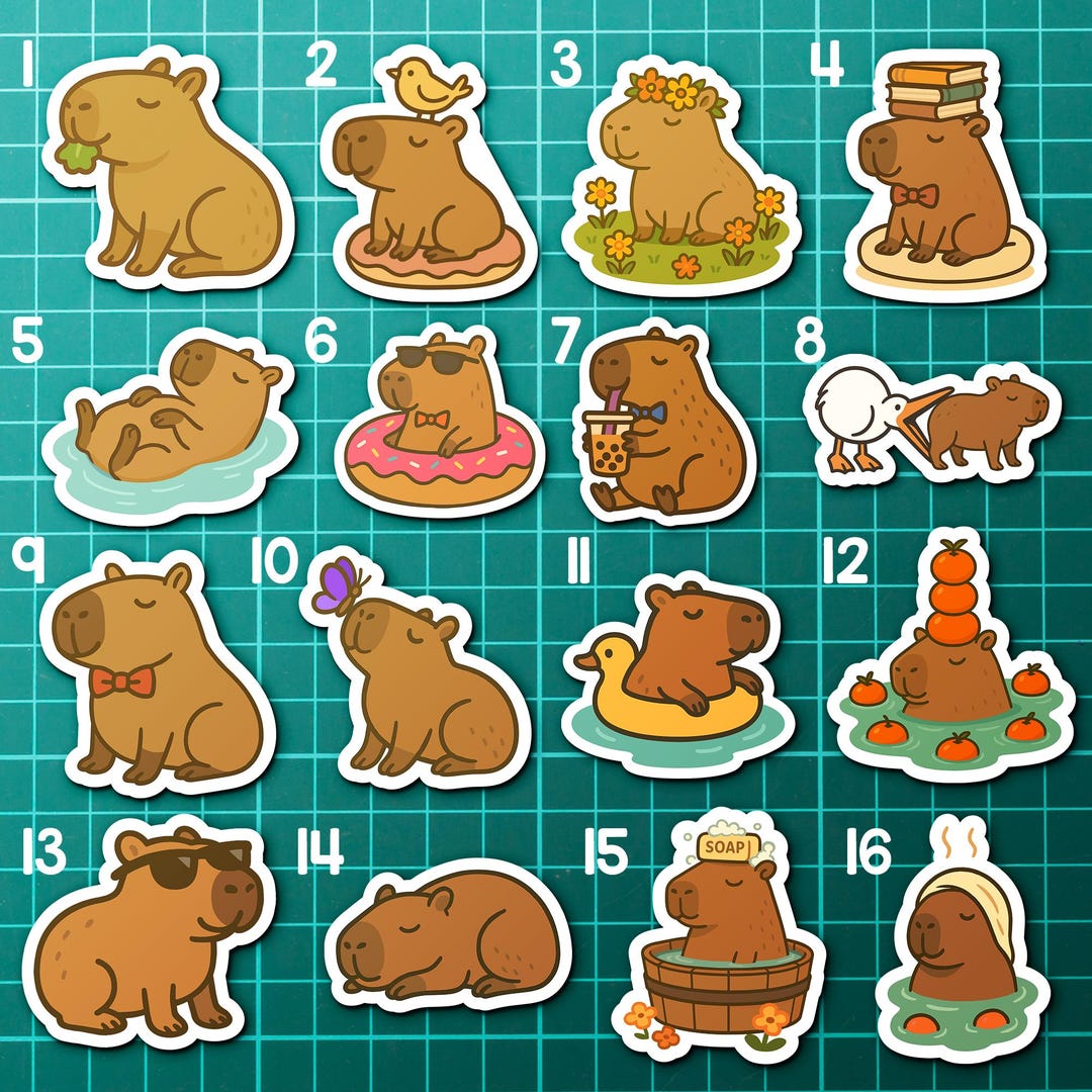Capybara Sticker Pack – 16 Cute Vinyl Animal Stickers in 2″ & 3″ Sizes ...