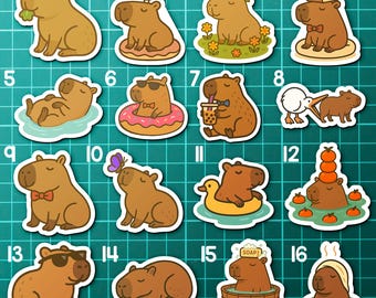 Capybara Sticker Pack – 16 Cute Vinyl Animal Stickers in 2″ & 3″ Sizes for Laptop, Water Bottle, and Journals