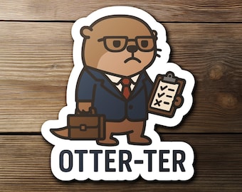 Pegatina de auditor Otter-Ter, nutria adorable con portapapeles, pegatina divertida de juego de palabras contable, regalo de CPA, humor de estudiante de finanzas, pegatina para portátil