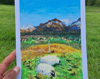 Scottish Highlands Oil Pastel Painting - Original A5 Mountain Landscape with Sheep