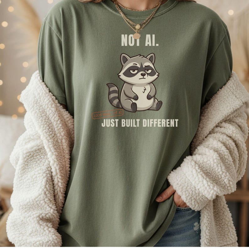 May include: An olive green t-shirt featuring a graphic of a cartoon raccoon with a grumpy expression. Above the raccoon, the text reads "NOT AI." and below the raccoon, the text reads "JUST BUILT DIFFERENT." The shirt is worn under a white sherpa jacket.