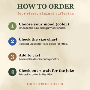 May include: An instructional graphic titled HOW TO ORDER four steps, minimal suffering. It lists four numbered steps in colored circles: 1. Choose your mood (color), 2. Check the size chart, 3. Add to cart, 4. Check out + wait for the joke. Ends with GAGS, GIFTS AND GIGGLES.