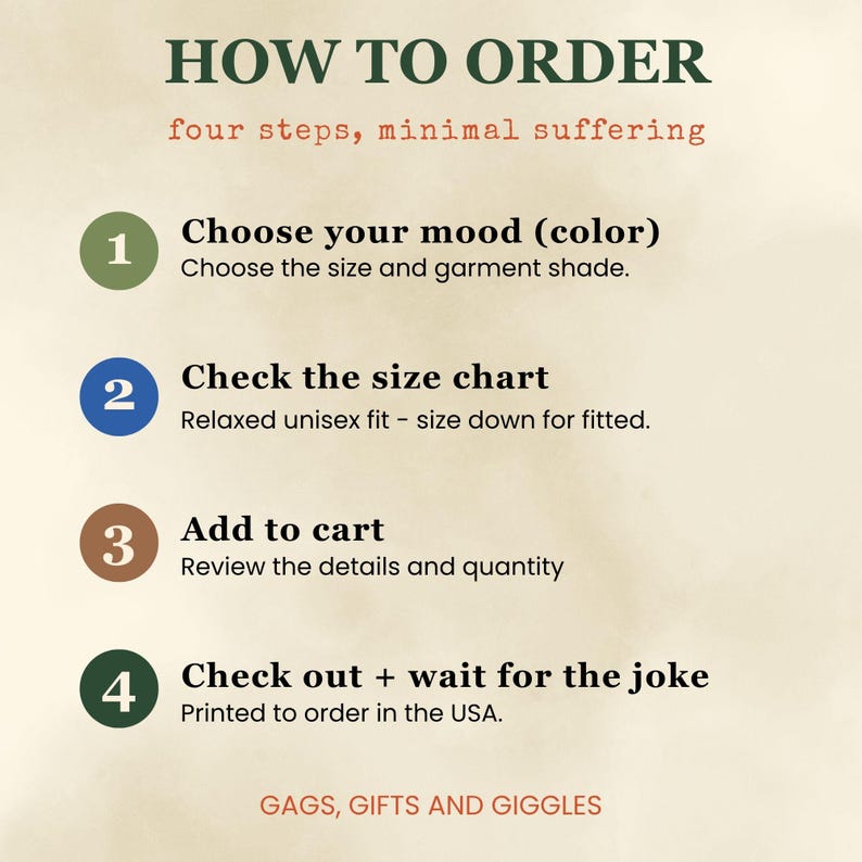 May include: An instructional graphic titled HOW TO ORDER four steps, minimal suffering. It lists four numbered steps in colored circles: 1. Choose your mood (color), 2. Check the size chart, 3. Add to cart, 4. Check out + wait for the joke. Ends with GAGS, GIFTS AND GIGGLES.