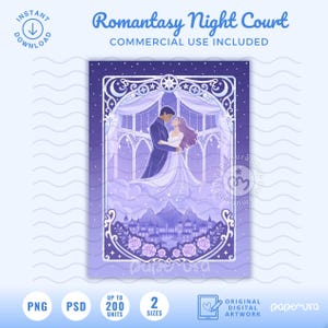 Puede incluir: Una ilustración digital titulada Romantasy Night Court que muestra a una pareja bailando en un entorno de fantasía en tonos morados con cielo estrellado, arquitectura de arcos, nubes, una ciudad de montaña y rosas.