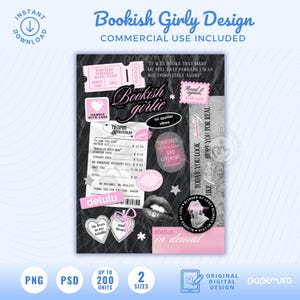 Diseño Y2K Bookish Girly / Gráfico para uso comercial en insertos para Kobo/Kindle, estuches, cuadernos, productos hechos a mano / Descarga digital PNG PSD